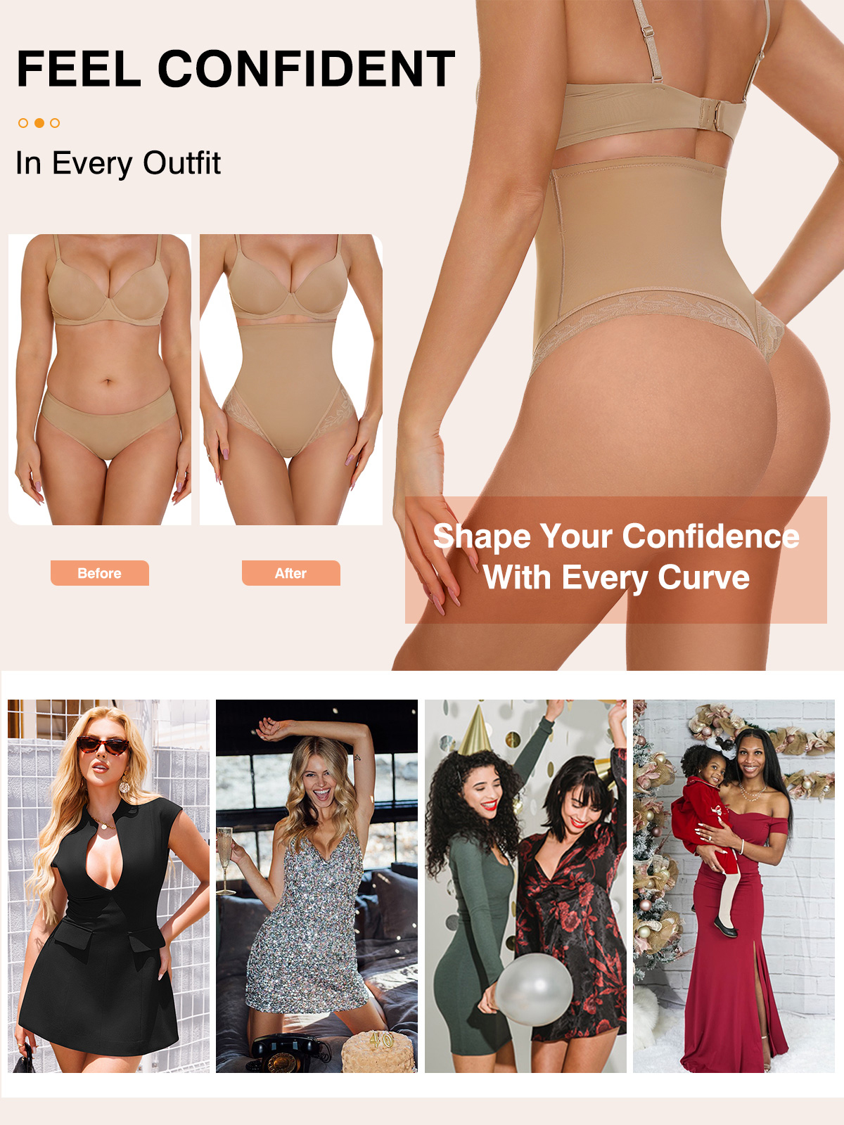 Imily Bela High Waist Comfort Tummy Control Thong Shapewear with Sexy Lace Edge for Hip Lift