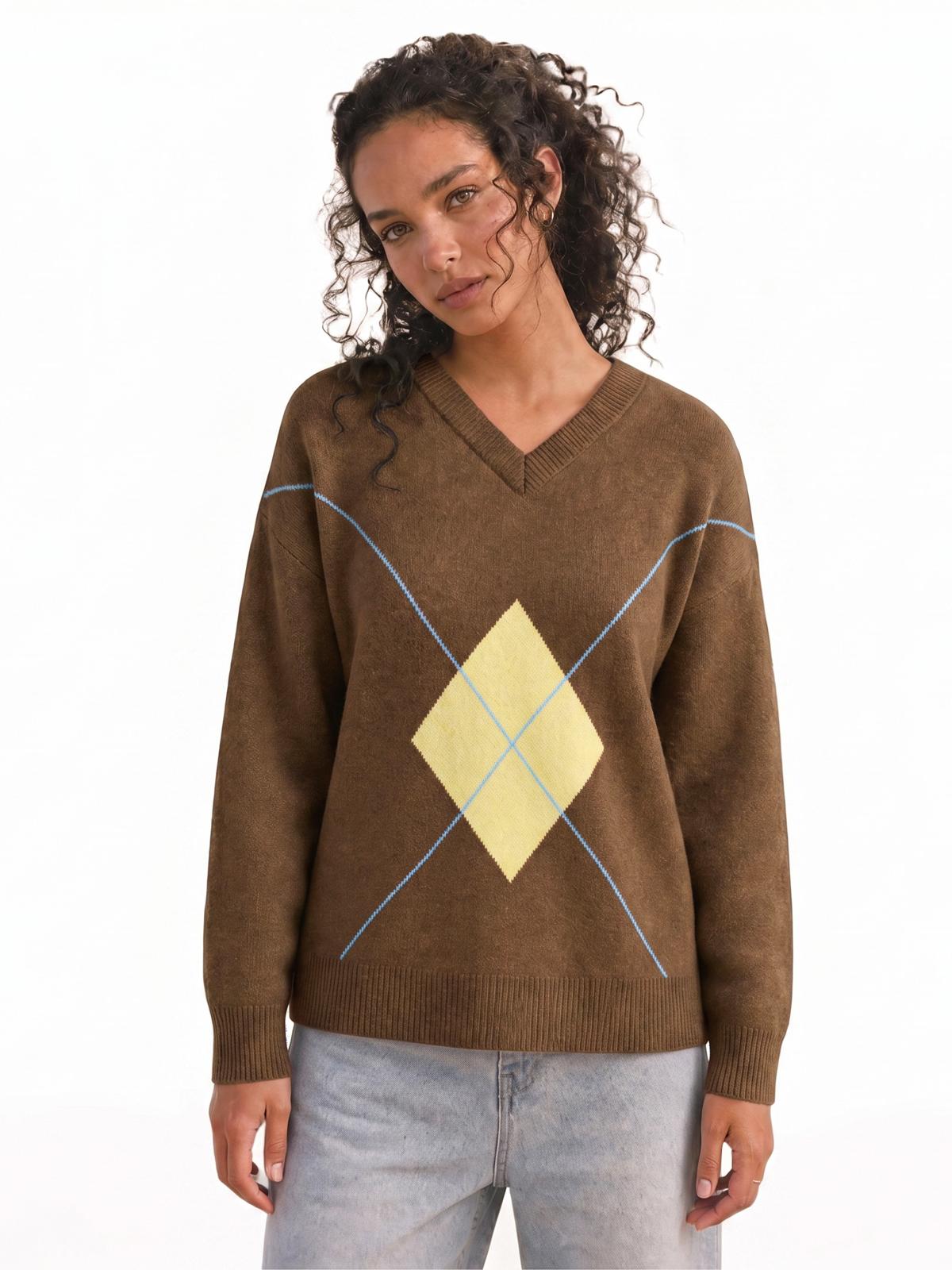 Imily Bela Argyle Drop-Shoulder V-Neck Sweater