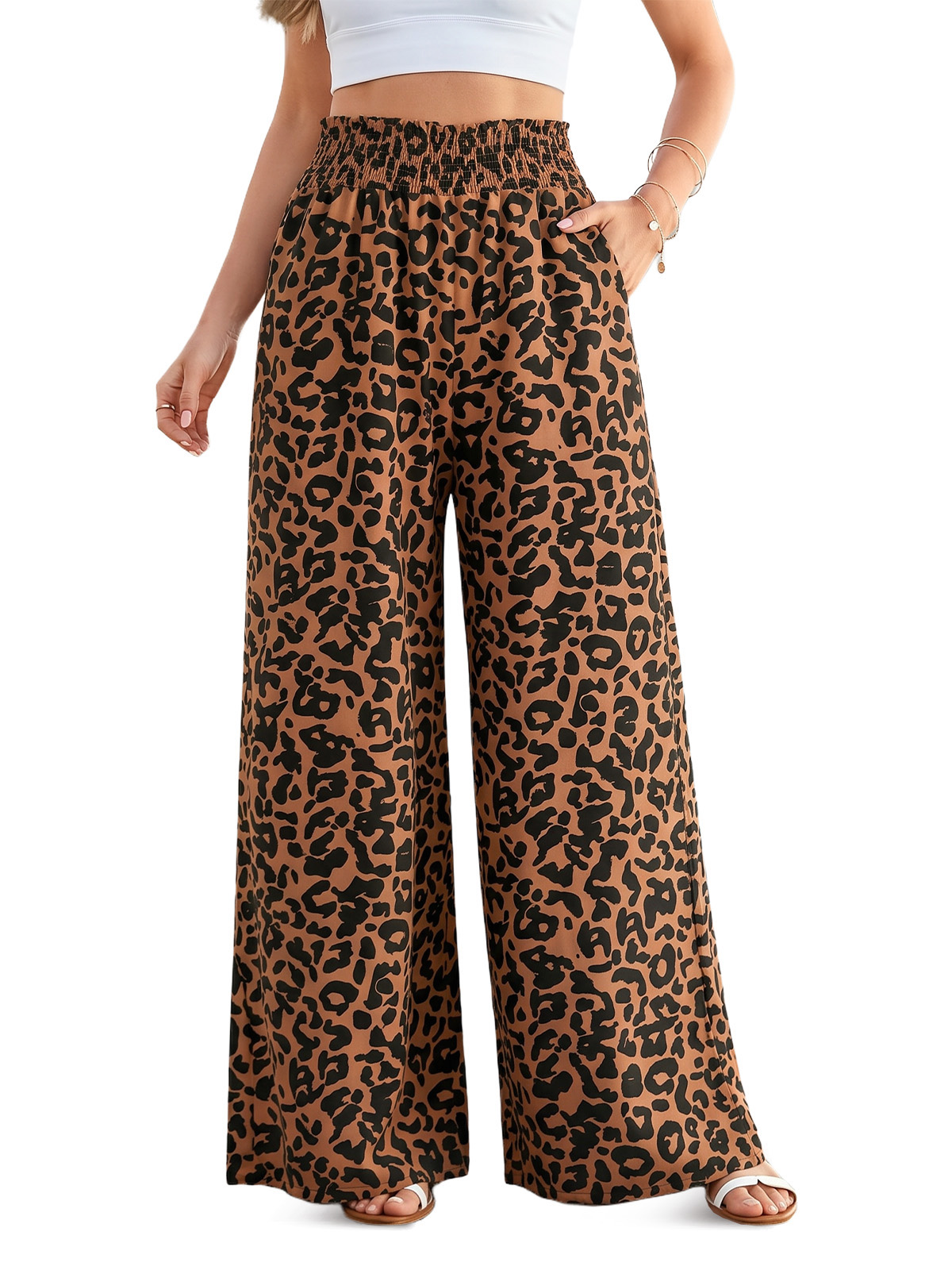 Imily Bela Wide-Leg Smocked-Waist Leopard Pants