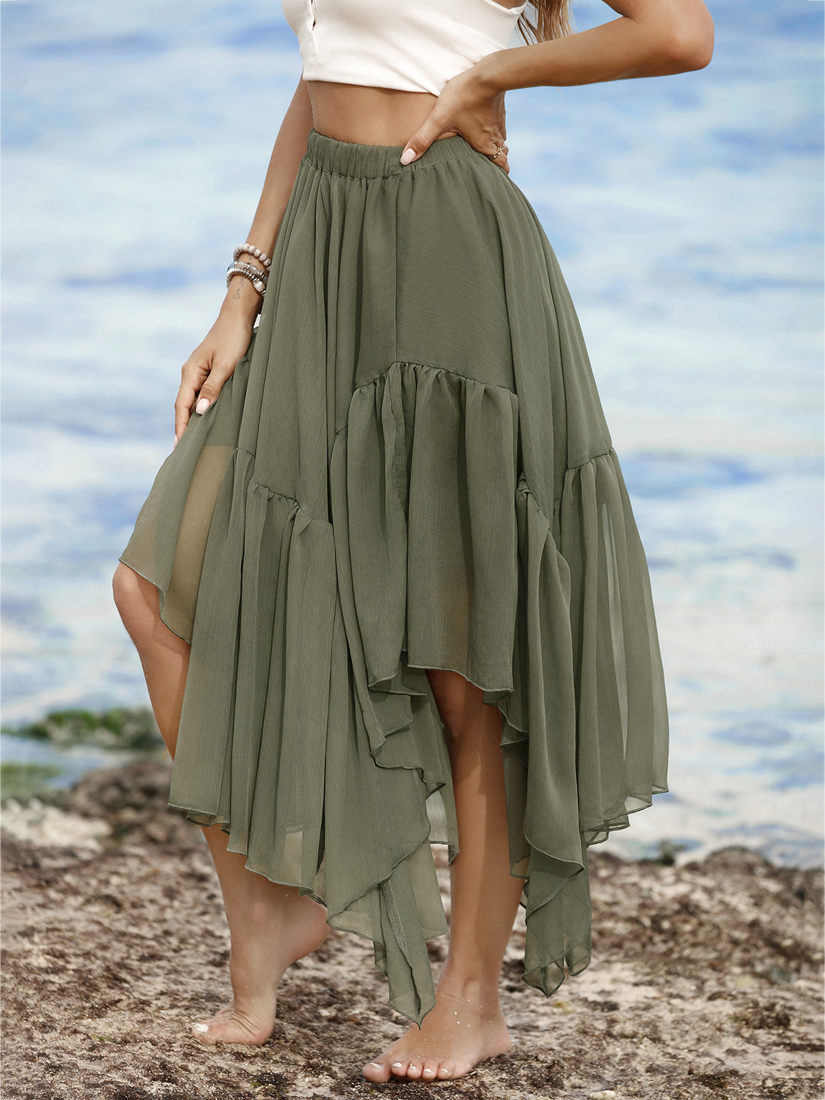 Imily Bela Womens Summer Boho Maxi Skirt Casual Asymmetric High-Low Hem Flowy Bohemia Long Skirt