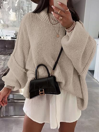 Imily Bela【Oversized】Womens Sweaters Mock Neck Batwing Long Sleeve Fall Trendy Ribbed Knit Casual Tunic Sweater