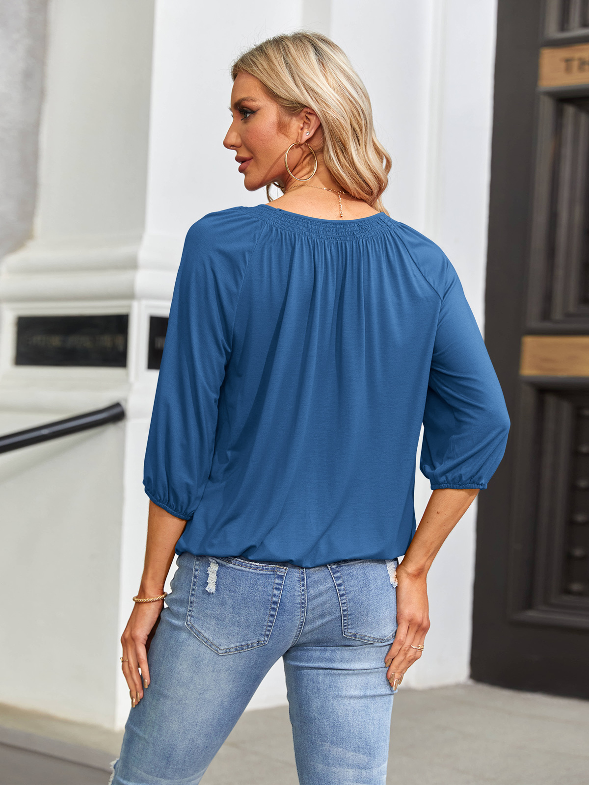 Imily Bela Women's Solid Crew Neck T Shirt Blouse Cotton Half Sleeve 3/4 Sleeve Casual Loose Pleated Basic Tops