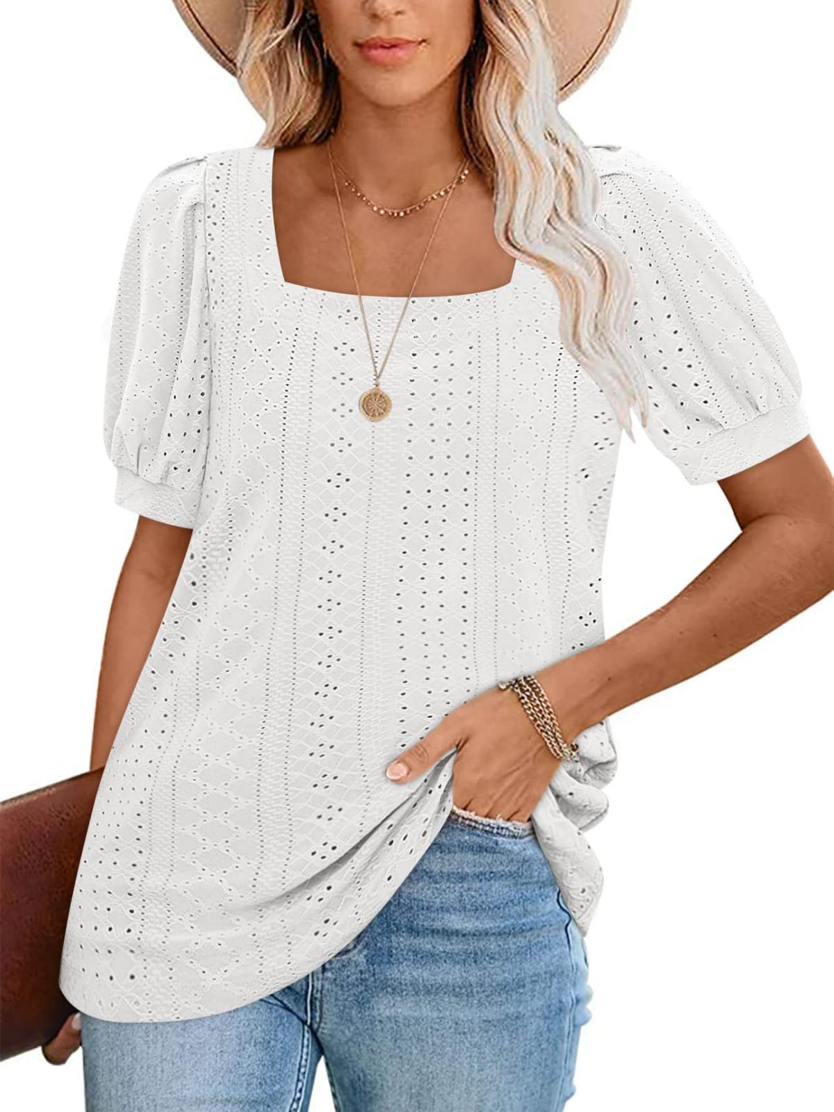 Imily Bela Womens Summer Tops Square Neck Short Sleeve Tunic Tops Fit Style Eyelet T-Shirts