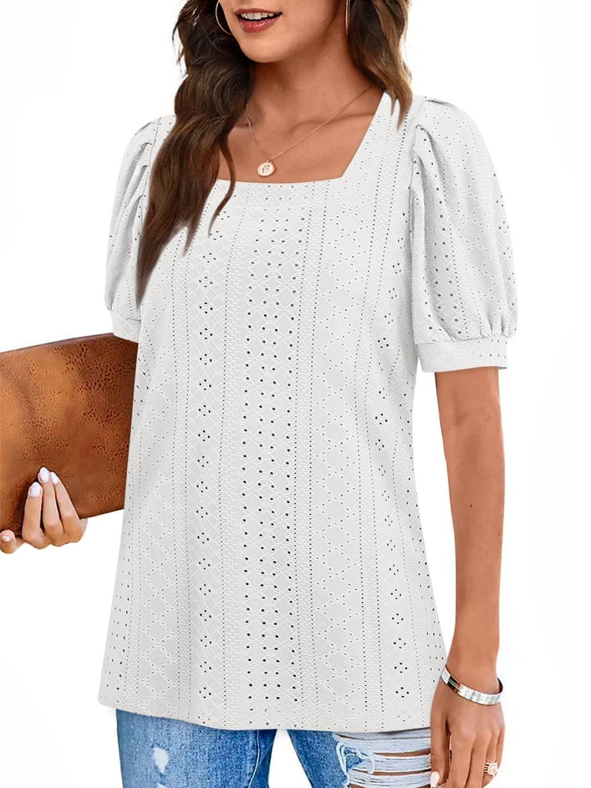 Imily Bela Womens Summer Tops Square Neck Short Sleeve Tunic Tops Fit Style Eyelet T-Shirts