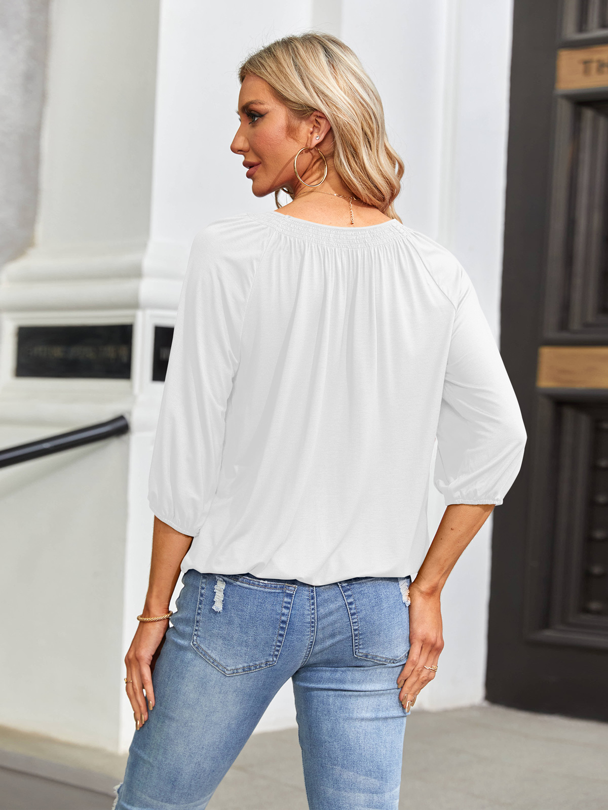 Imily Bela Women's Solid Crew Neck T Shirt Blouse Cotton Half Sleeve 3/4 Sleeve Casual Loose Pleated Basic Tops