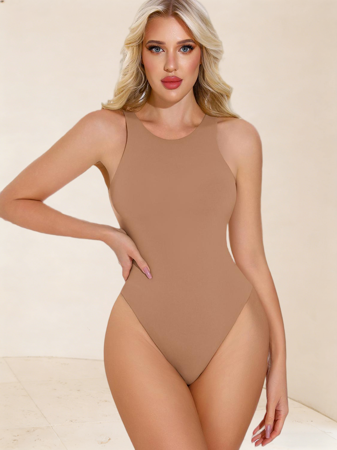 Imily Bela Women’s Double-Layer Shapewear Bodysuit Sleeveless High Neck Racerback with Snap Crotch