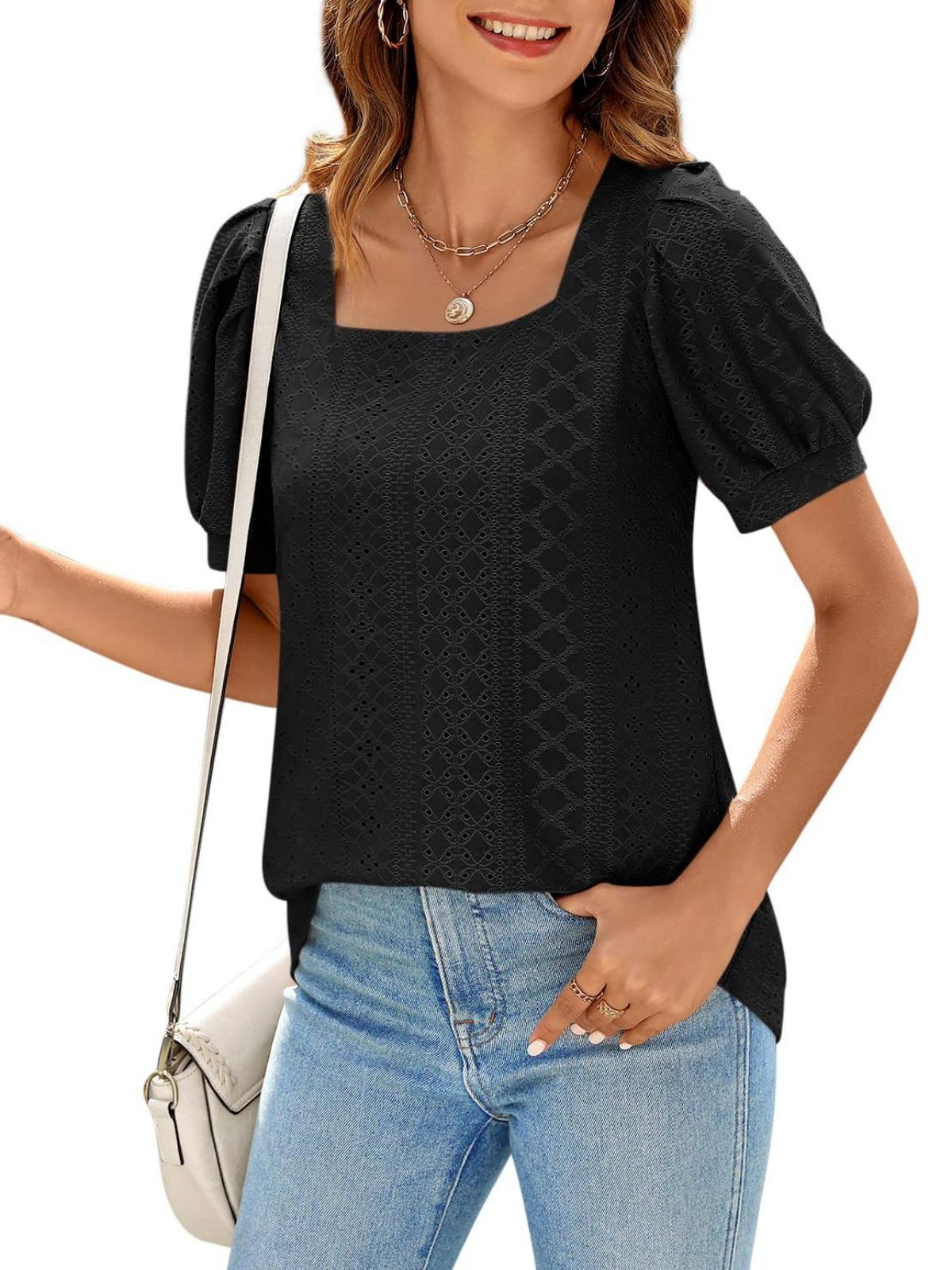 Imily Bela Womens Summer Tops Square Neck Short Sleeve Tunic Tops Fit Style Eyelet T-Shirts