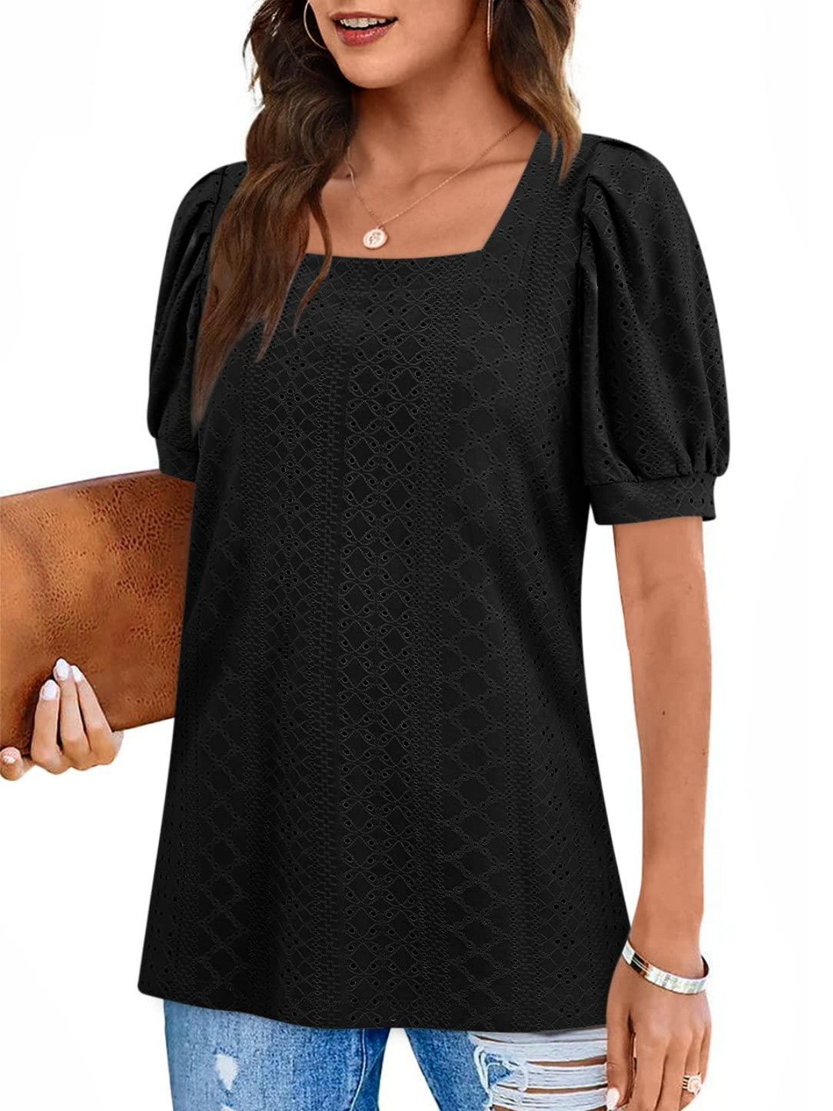 Imily Bela Womens Summer Tops Square Neck Short Sleeve Tunic Tops Fit Style Eyelet T-Shirts