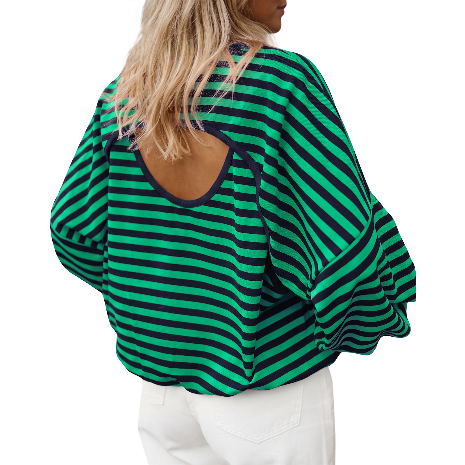 Green&Navy Imily Bela Women’s Striped Oversized Pullover Sweatshirt, Open Back Design, 2026 Cutout Back Pullover Top, Fashion Casual Long Sleeve Shirt