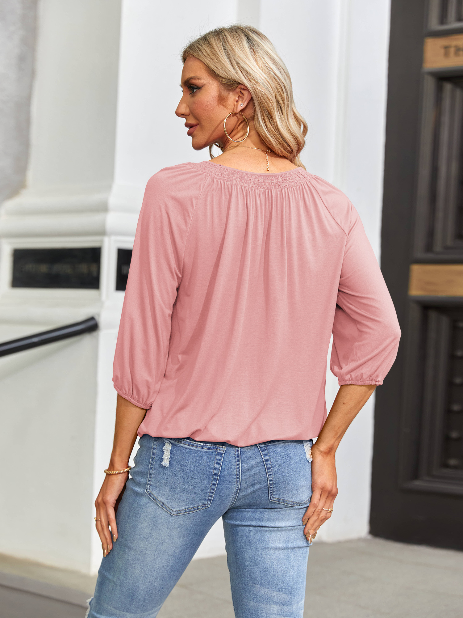 Imily Bela Women's Solid Crew Neck T Shirt Blouse Cotton Half Sleeve 3/4 Sleeve Casual Loose Pleated Basic Tops