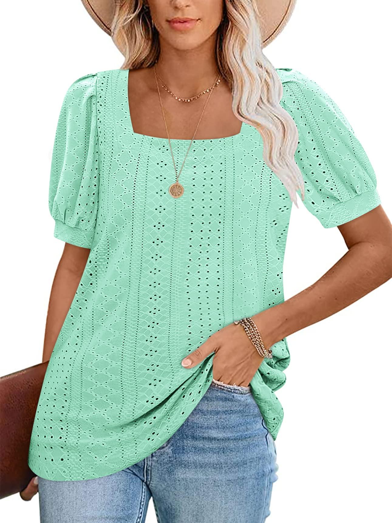 Imily Bela Womens Summer Tops Square Neck Short Sleeve Tunic Tops Fit Style Eyelet T-Shirts
