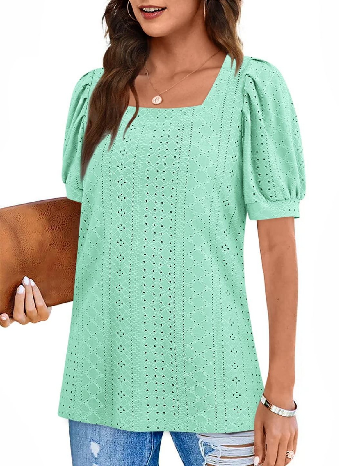 Imily Bela Womens Summer Tops Square Neck Short Sleeve Tunic Tops Fit Style Eyelet T-Shirts