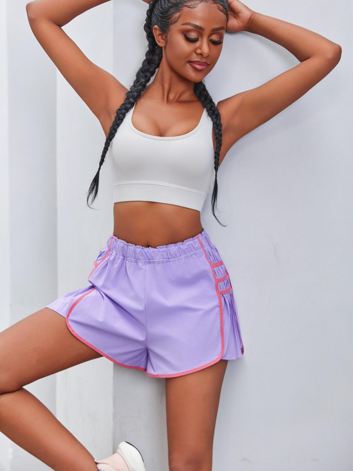 Imily Bela Womens Workout Gym Shorts Running Pleated Contrast Stitch Elastic Waist Athletic Quick Dry Shorts