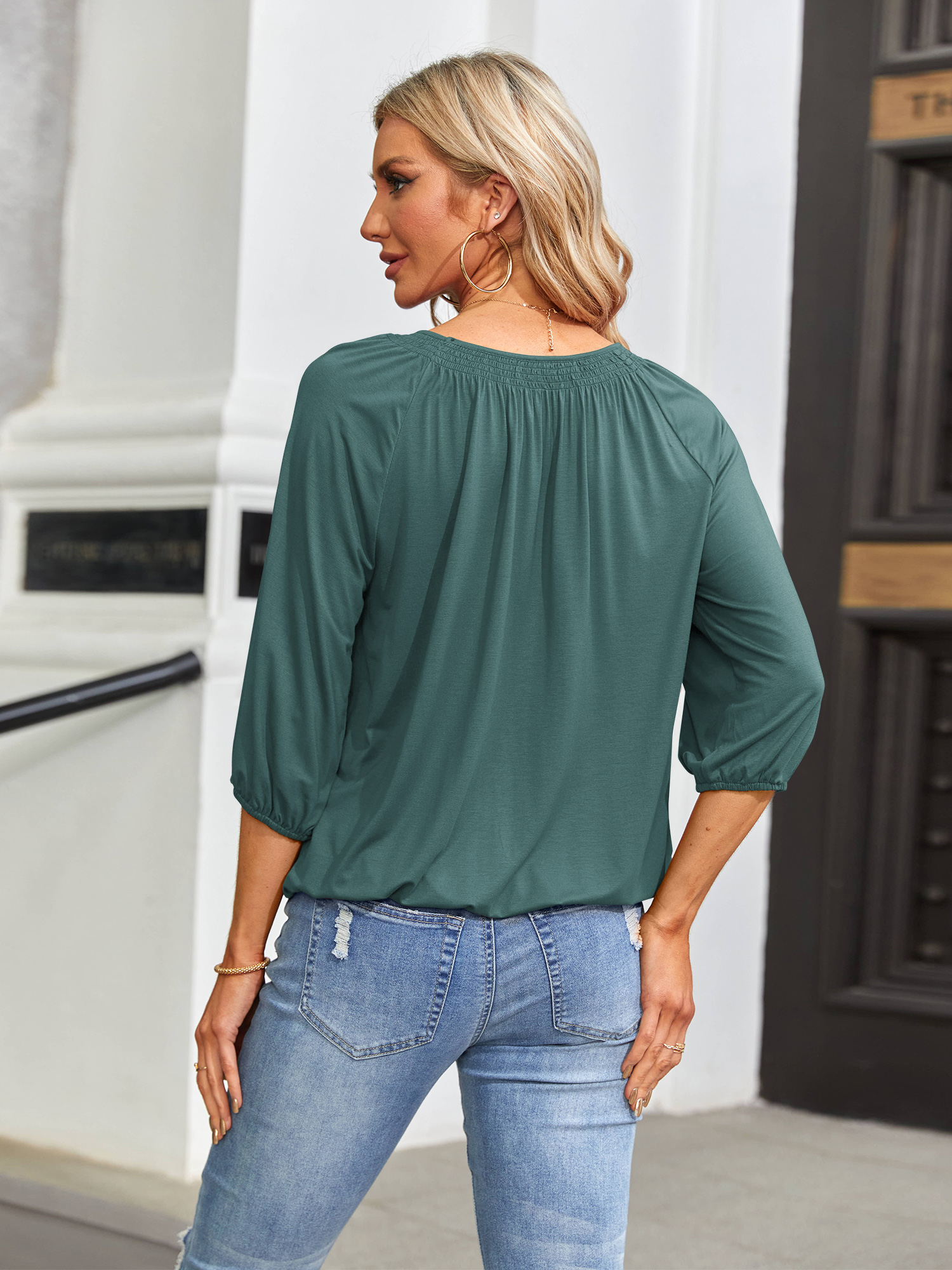 Imily Bela Women's Solid Crew Neck T Shirt Blouse Cotton Half Sleeve 3/4 Sleeve Casual Loose Pleated Basic Tops