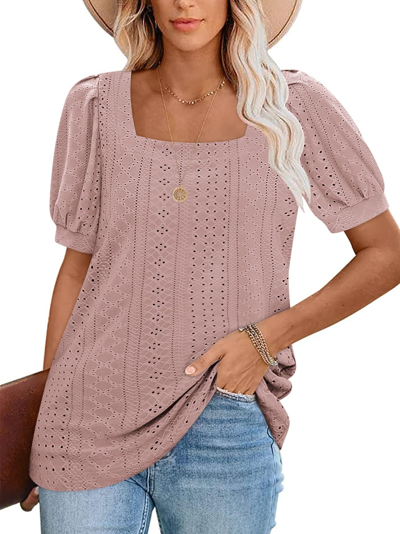 Imily Bela Womens Summer Tops Square Neck Short Sleeve Tunic Tops Fit Style Eyelet T-Shirts