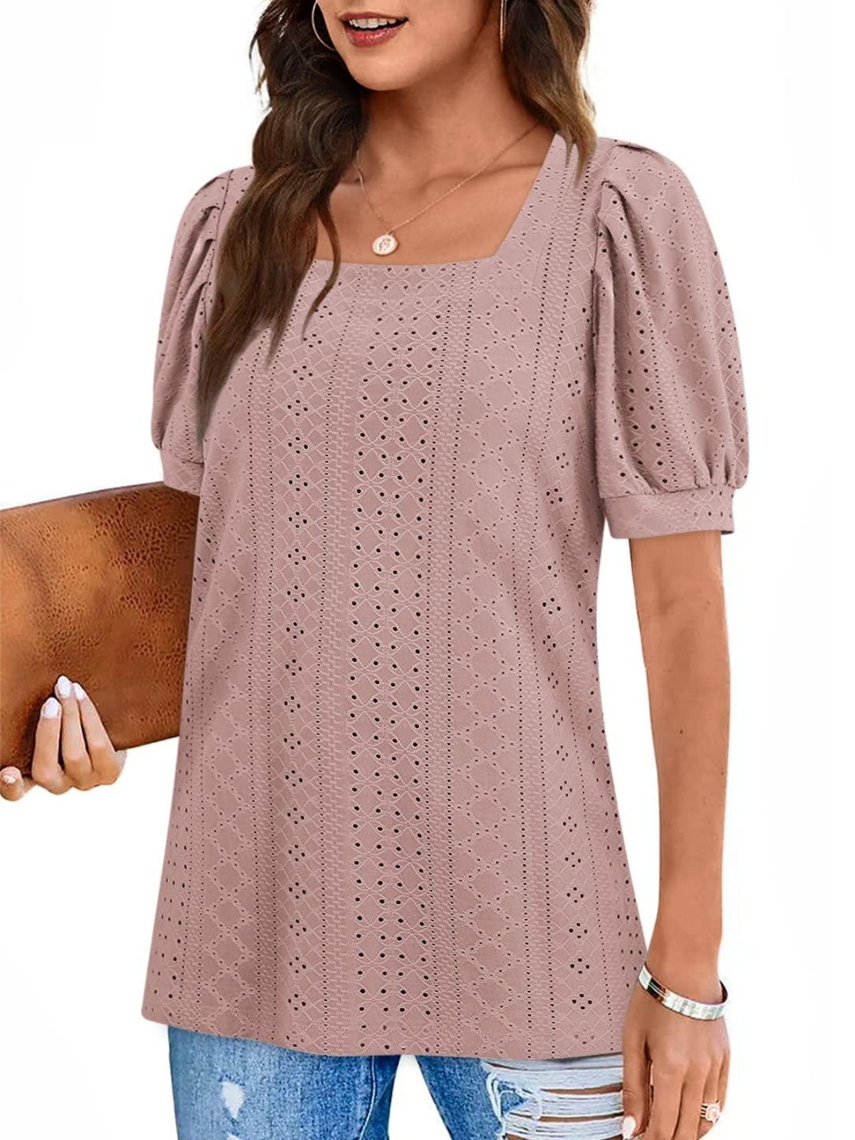 Imily Bela Womens Summer Tops Square Neck Short Sleeve Tunic Tops Fit Style Eyelet T-Shirts