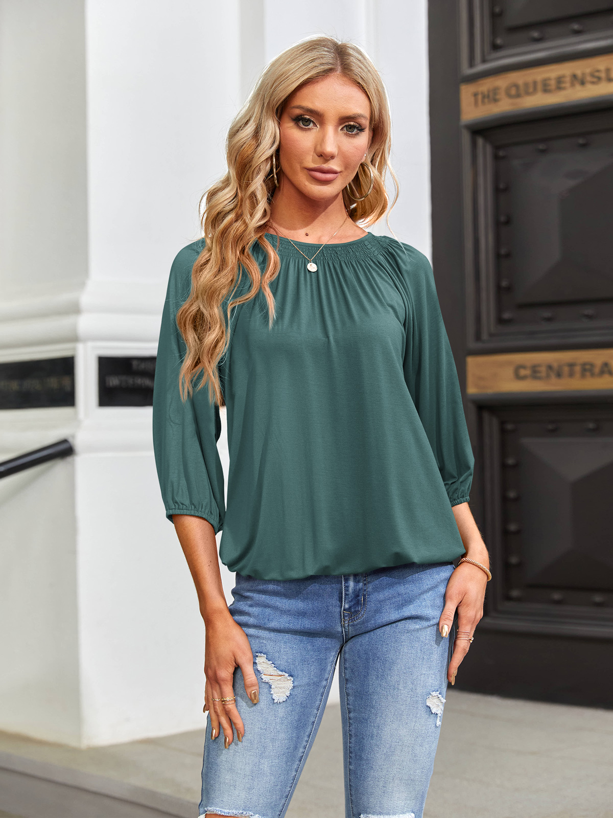 Imily Bela Women's Solid Crew Neck T Shirt Blouse Cotton Half Sleeve 3/4 Sleeve Casual Loose Pleated Basic Tops
