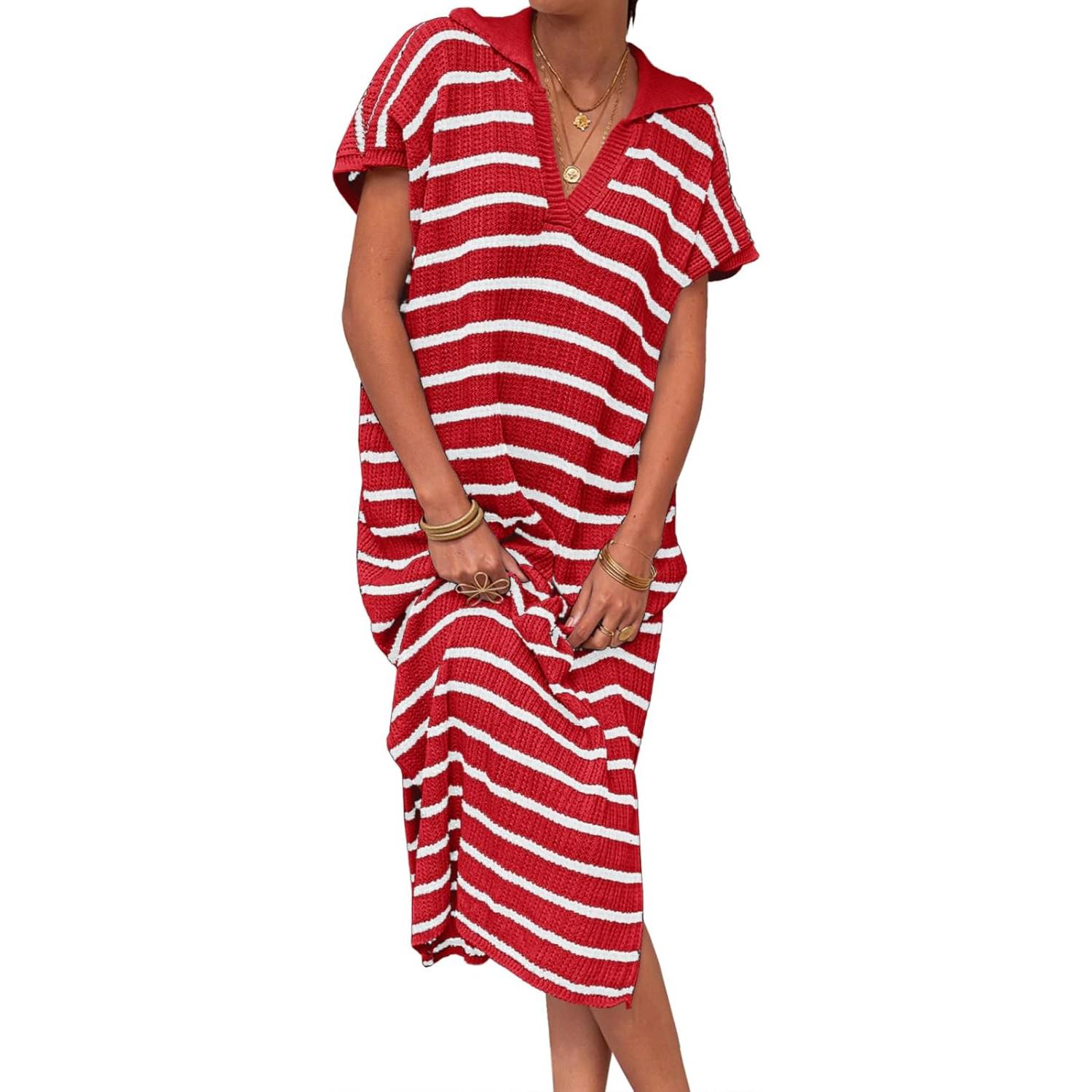 Red Imily Bela Womens Striped Summer Dresses Short Sleeve V Neck Knit Collared Sexy Slit Loose Maxi Sweater Dress