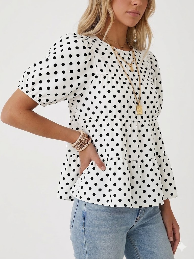 Womens Puff Sleeve Peplum Babydoll Tops Summer Flowy Pleated Cotton T-Shirts Casual Loose Fit Cute Blouse