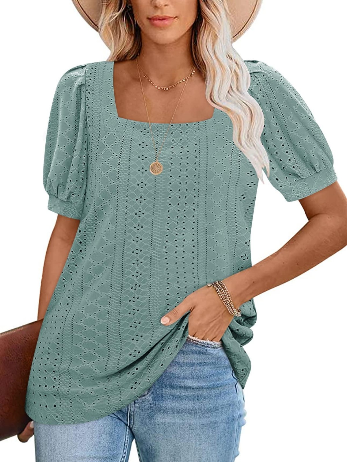 Imily Bela Womens Summer Tops Square Neck Short Sleeve Tunic Tops Fit Style Eyelet T-Shirts