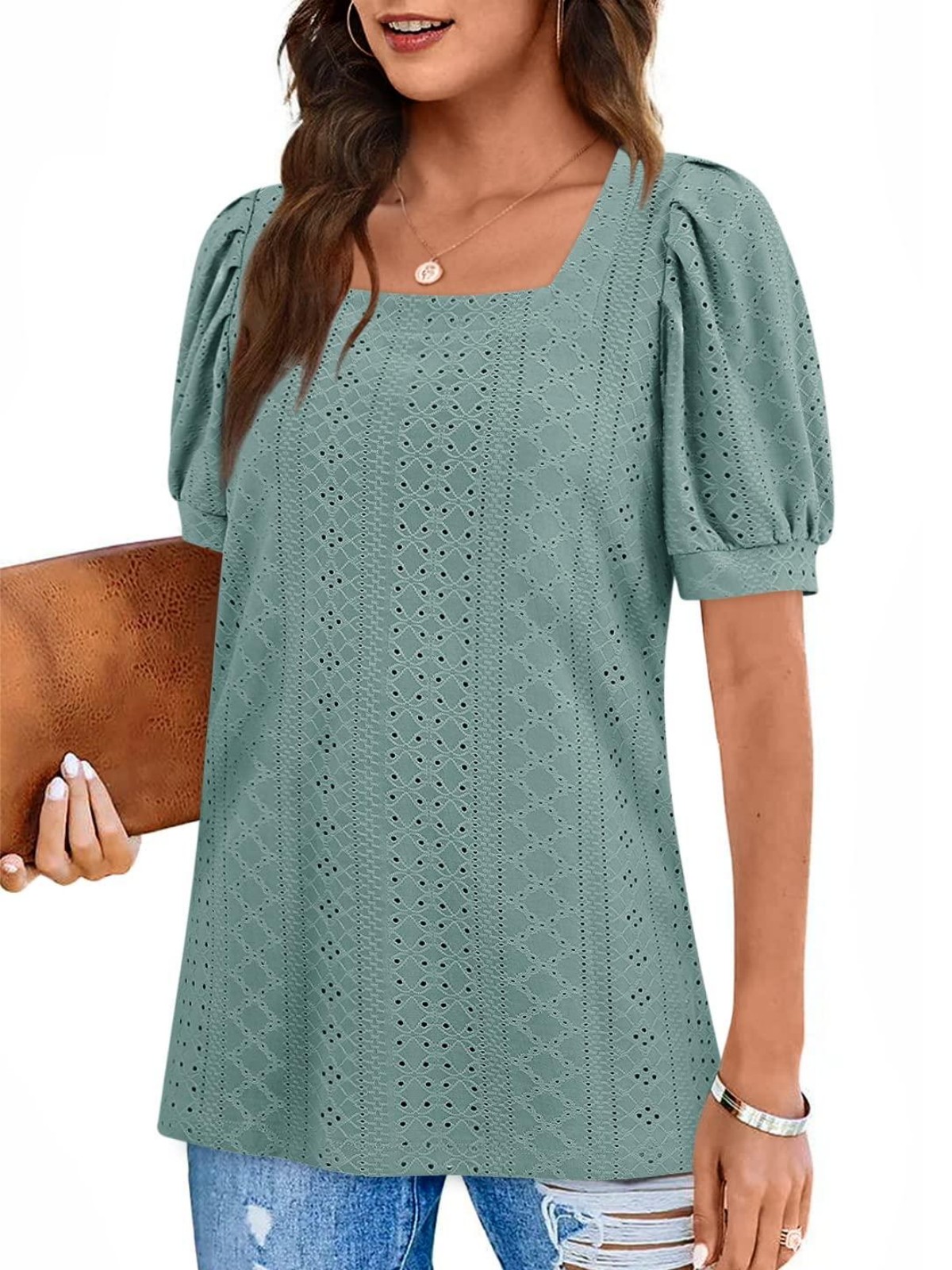 Imily Bela Womens Summer Tops Square Neck Short Sleeve Tunic Tops Fit Style Eyelet T-Shirts