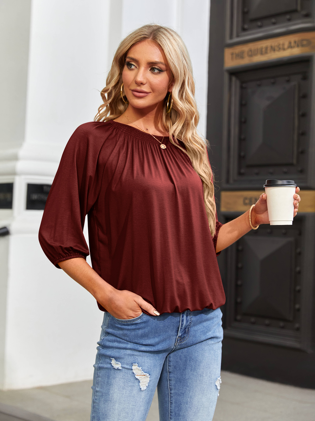 Imily Bela Women's Solid Crew Neck T Shirt Blouse Cotton Half Sleeve 3/4 Sleeve Casual Loose Pleated Basic Tops