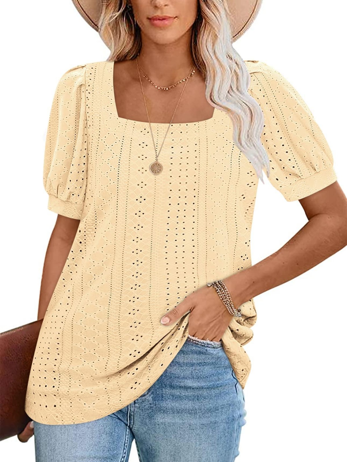 Imily Bela Womens Summer Tops Square Neck Short Sleeve Tunic Tops Fit Style Eyelet T-Shirts