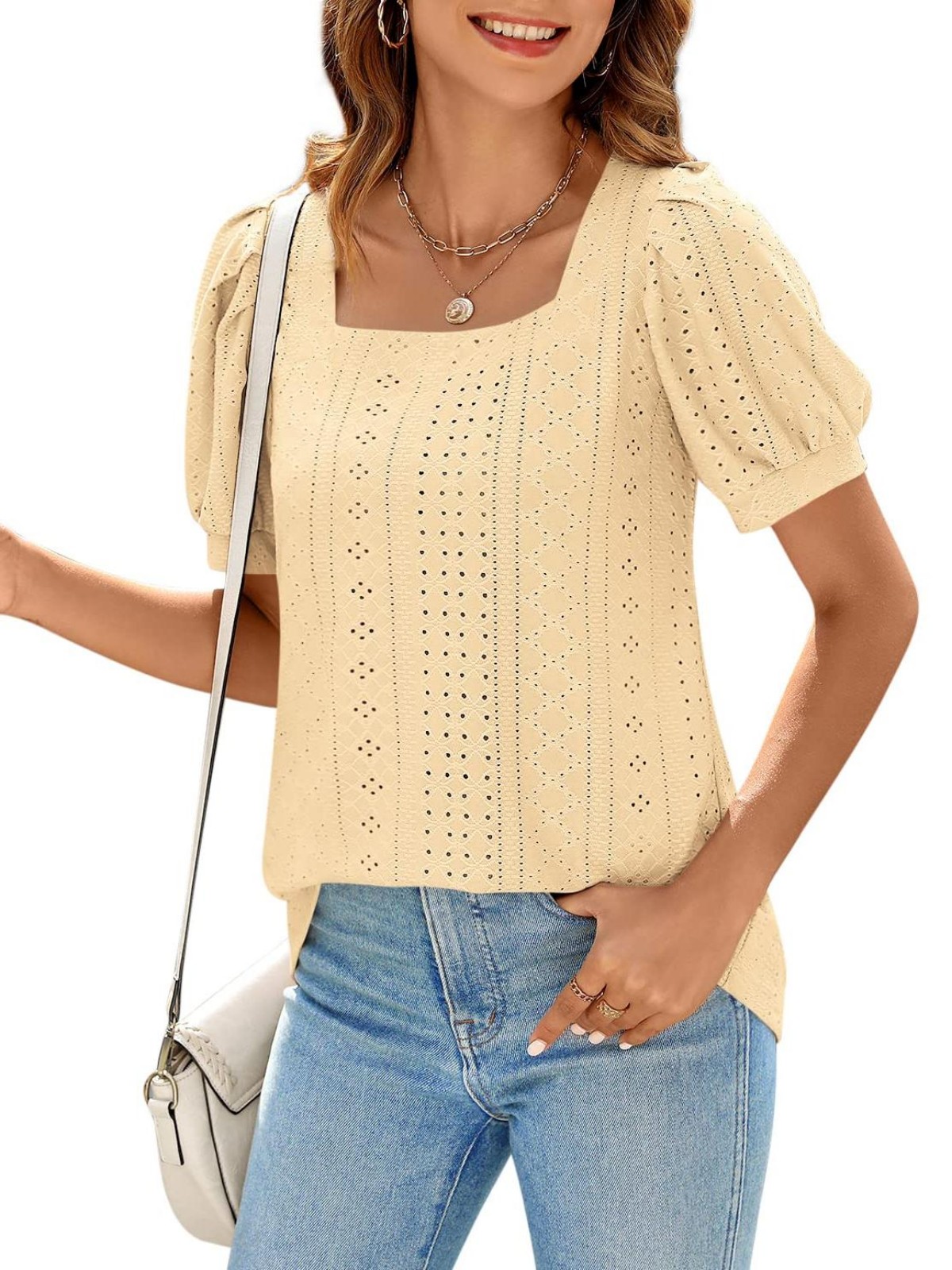 Imily Bela Womens Summer Tops Square Neck Short Sleeve Tunic Tops Fit Style Eyelet T-Shirts