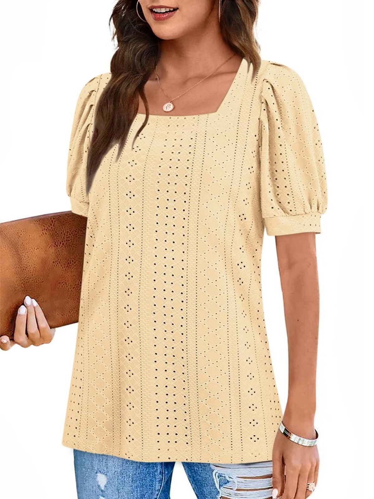 Imily Bela Womens Summer Tops Square Neck Short Sleeve Tunic Tops Fit Style Eyelet T-Shirts