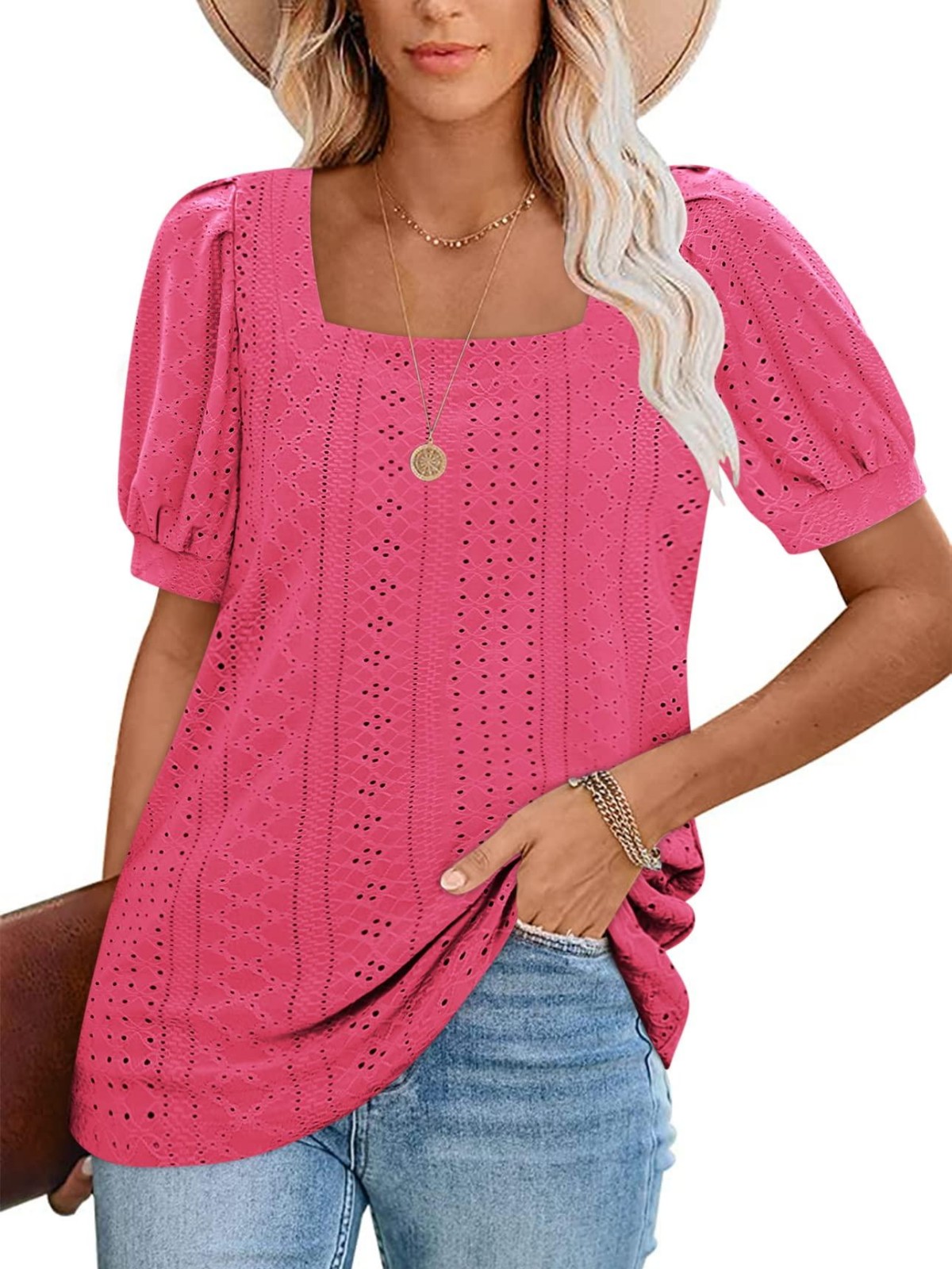 Imily Bela Womens Summer Tops Square Neck Short Sleeve Tunic Tops Fit Style Eyelet T-Shirts