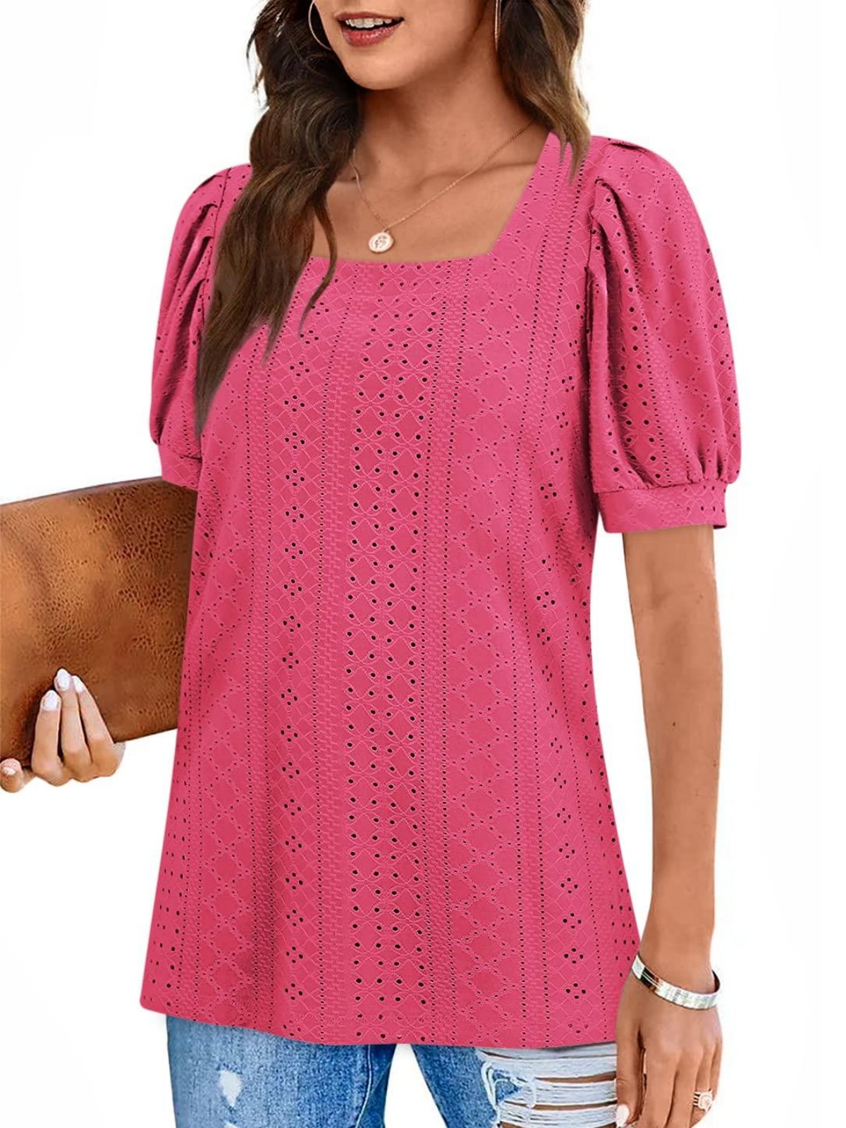 Imily Bela Womens Summer Tops Square Neck Short Sleeve Tunic Tops Fit Style Eyelet T-Shirts