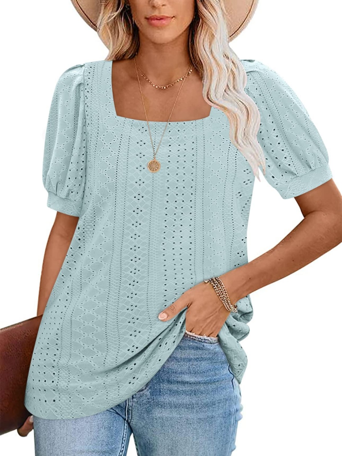 Imily Bela Womens Summer Tops Square Neck Short Sleeve Tunic Tops Fit Style Eyelet T-Shirts