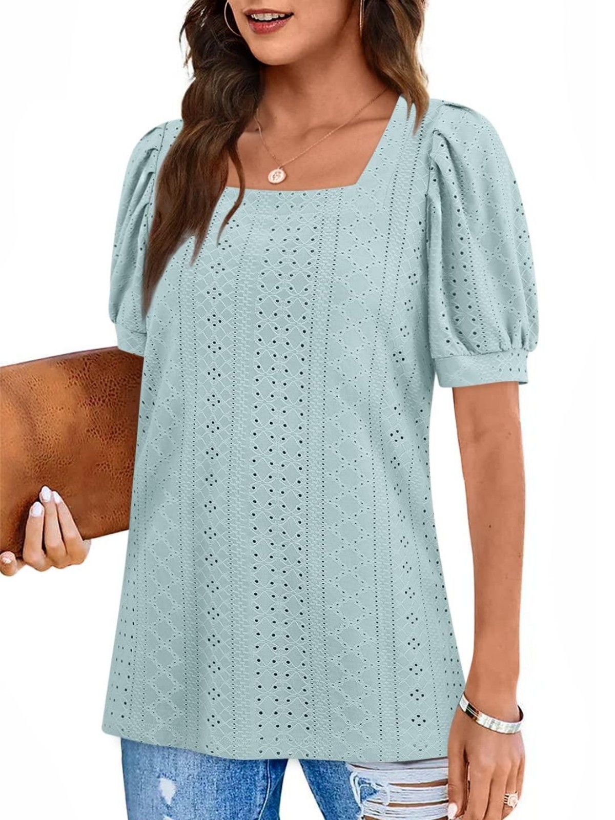 Imily Bela Womens Summer Tops Square Neck Short Sleeve Tunic Tops Fit Style Eyelet T-Shirts