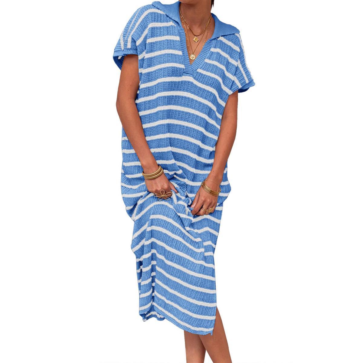 White&blue Imily Bela Womens Striped Summer Dresses Short Sleeve V Neck Knit Collared Sexy Slit Loose Maxi Sweater Dress