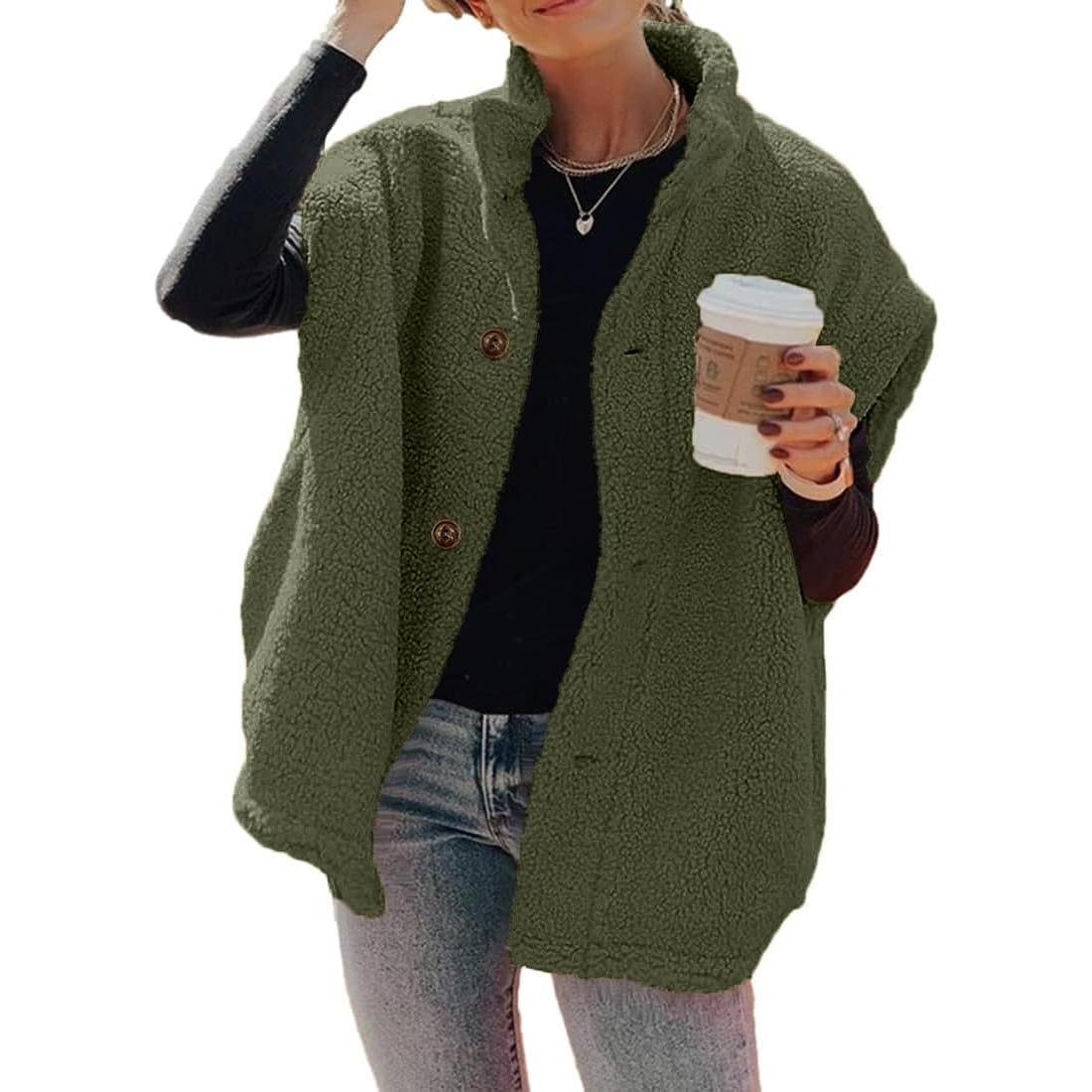 Green Imily Bela Womens Fuzzy Fleece Vest Casual Oversized Warm Button Down Sherpa Vest Jacket with Pockets