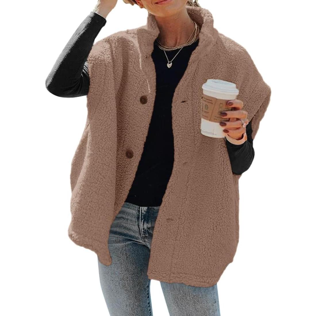 Light Khaki Imily Bela Womens Fuzzy Fleece Vest Casual Oversized Warm Button Down Sherpa Vest Jacket with Pockets