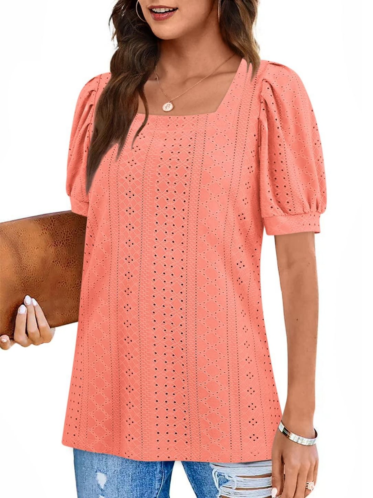 Imily Bela Womens Summer Tops Square Neck Short Sleeve Tunic Tops Fit Style Eyelet T-Shirts