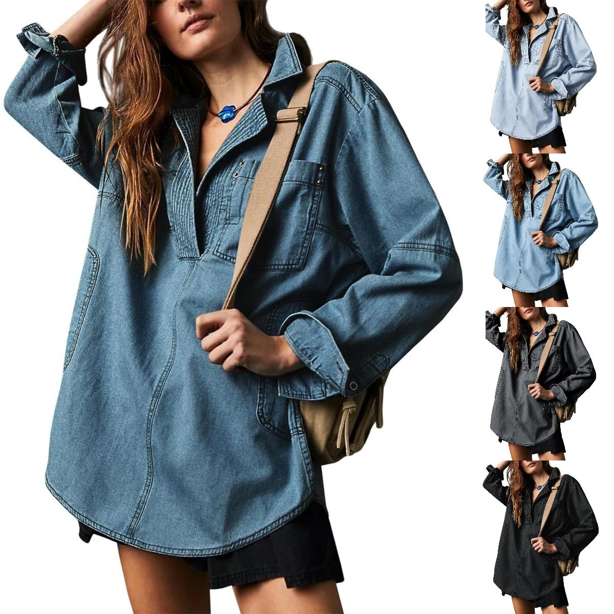 Imily Bela S~2XL Womenswear FallFreshness Denim Pullover Casual Comfort Button V Neck Blouse Loose Fit Tops Longsleeves Jean Jacket With Pocket