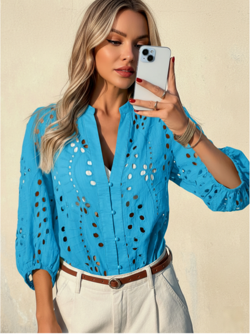 Imily Bela Womens Deep V Neck Eyelet Blouses 3/4 Balloon Sleeve Button Down Hollow Out Fall Shirts