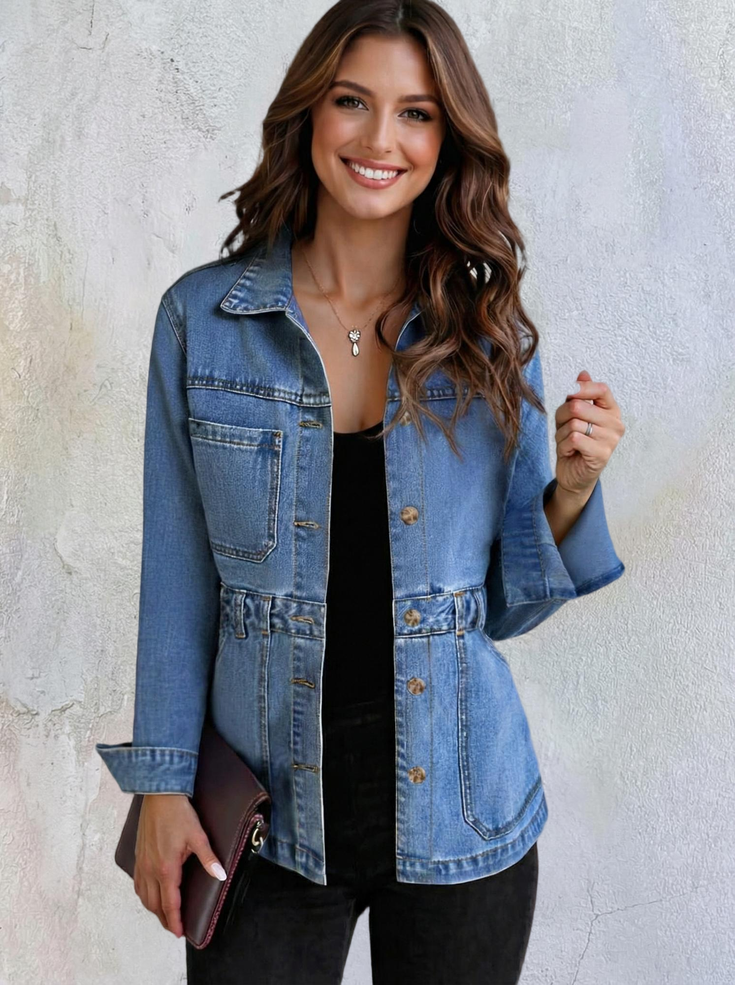 Imily Bela Denim Jacket for Women Distressed Jean Jacket Button Down Oversized Shacket with Pockets