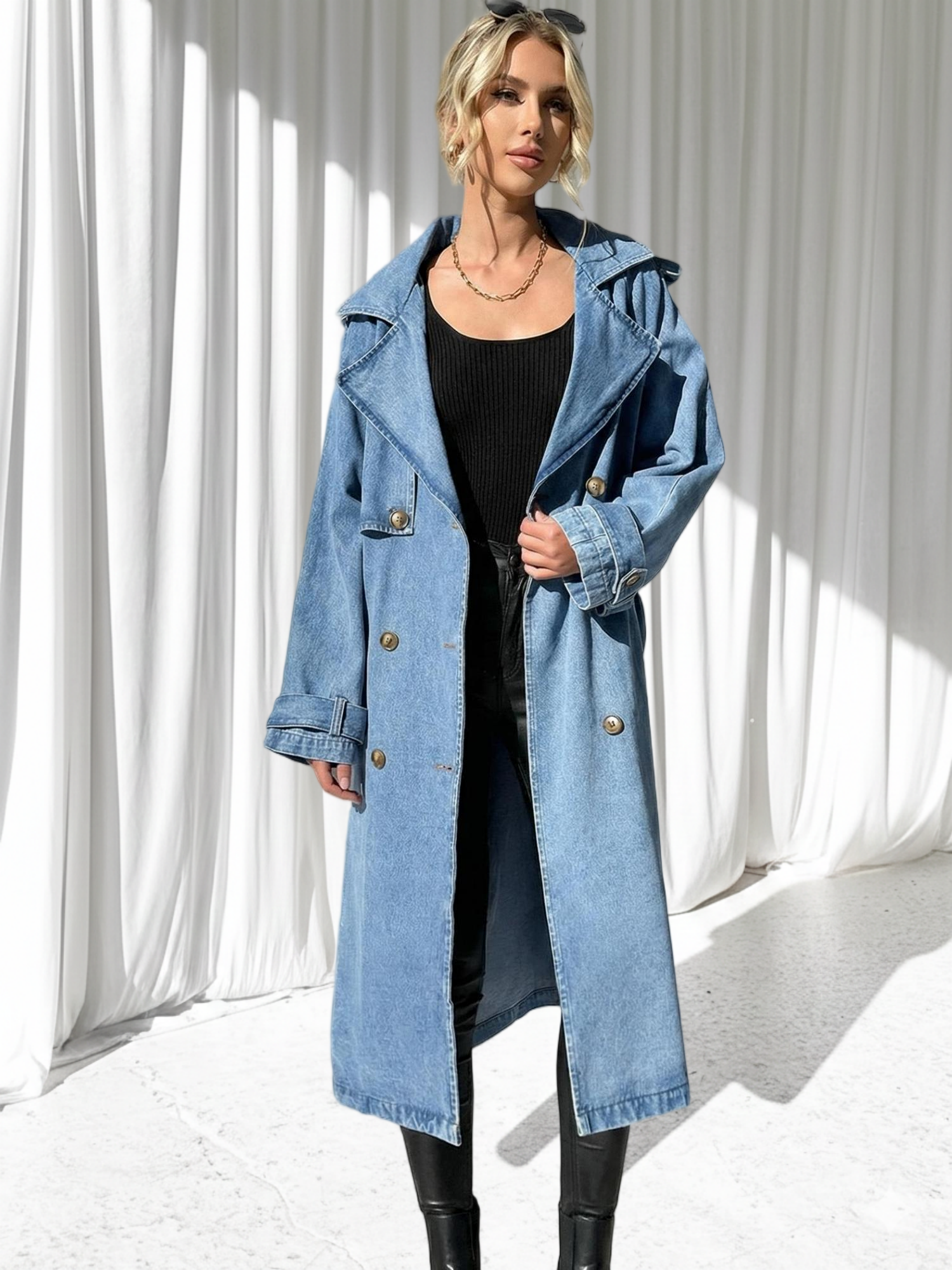 Imily Bela Women's Long Double Breasted Denim Jacket Oversized Button Down Maxi Jean Coat Classic Lapel Outercoat