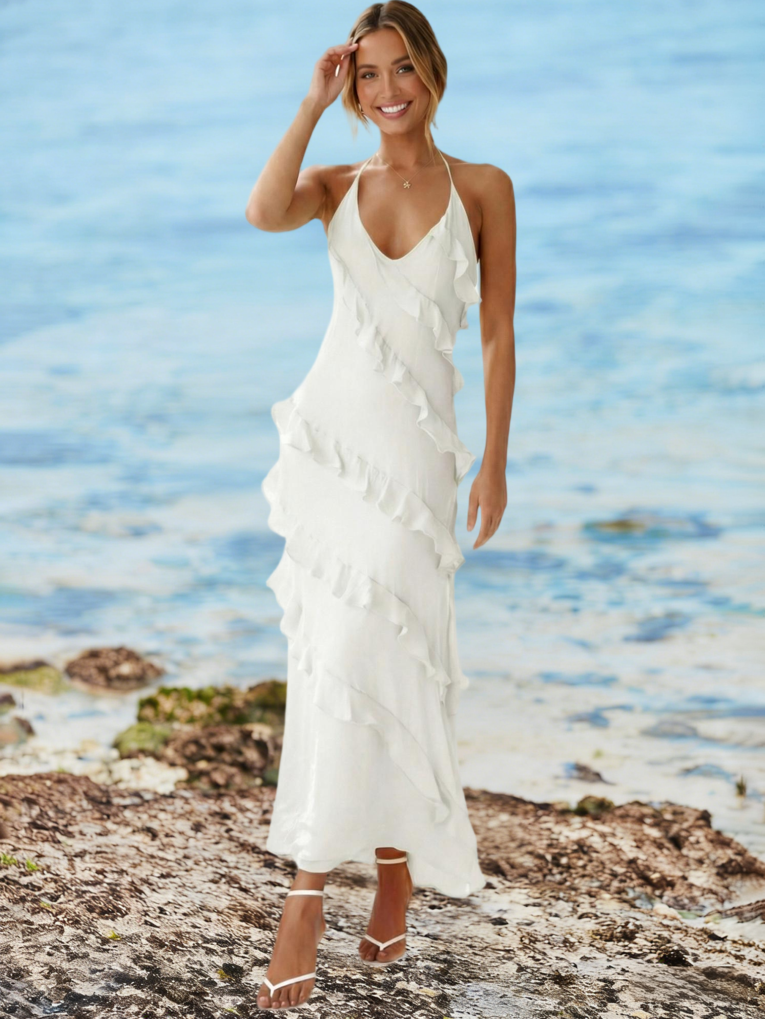 Imiy Bela Womens Sexy Chiffon Halter Maxi Dress Sleeveless Backless Ruffle Tassel Party Club Dresses