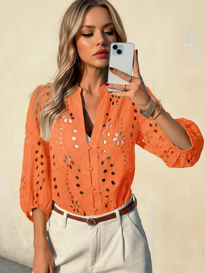 Imily Bela Womens Deep V Neck Eyelet Blouses 3/4 Balloon Sleeve Button Down Hollow Out Fall Shirts