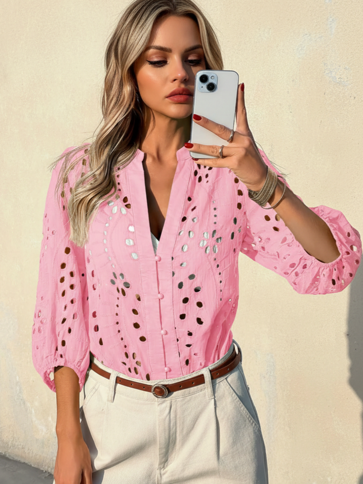 Imily Bela Womens Deep V Neck Eyelet Blouses 3/4 Balloon Sleeve Button Down Hollow Out Fall Shirts