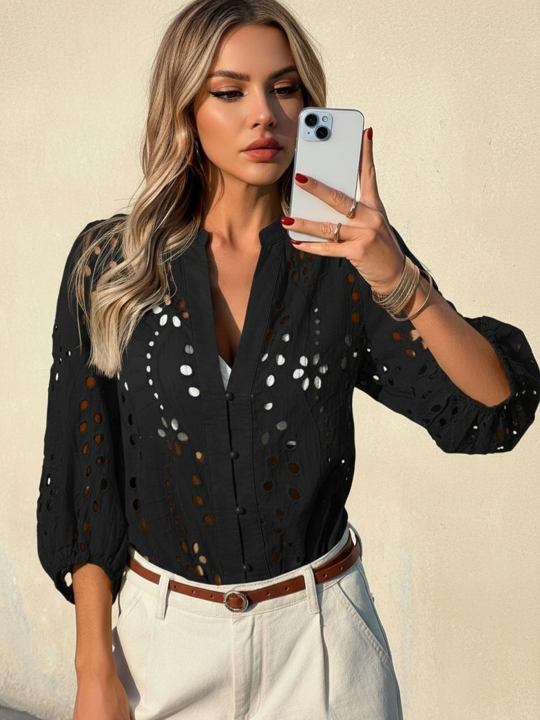 Imily Bela Womens Deep V Neck Eyelet Blouses 3/4 Balloon Sleeve Button Down Hollow Out Fall Shirts