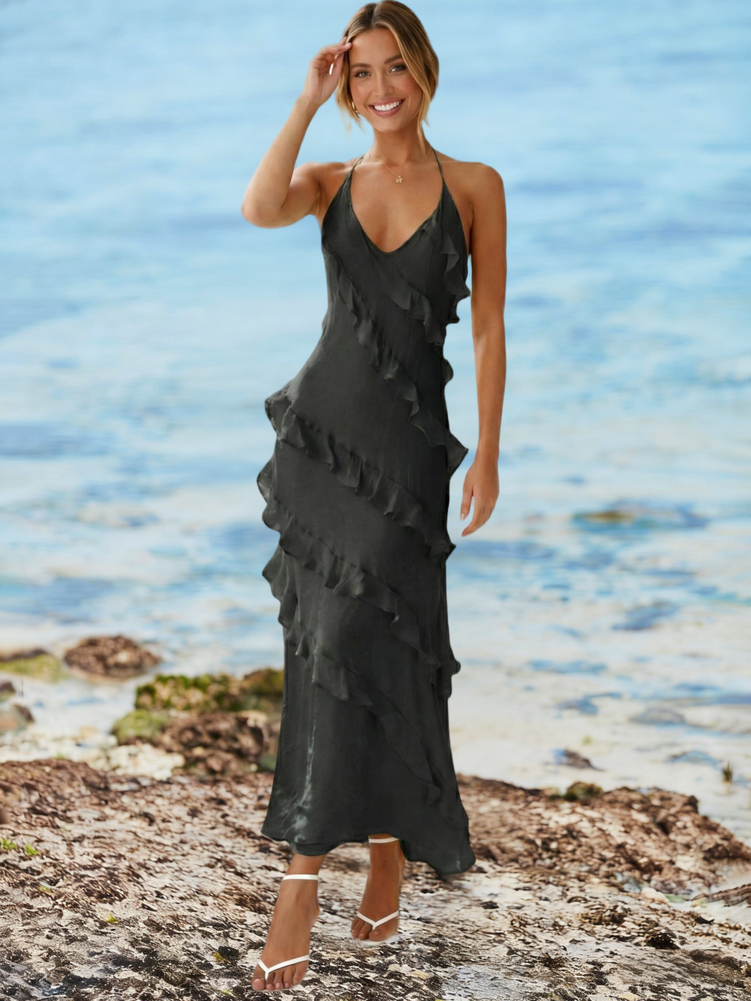 Imiy Bela Womens Sexy Chiffon Halter Maxi Dress Sleeveless Backless Ruffle Tassel Party Club Dresses