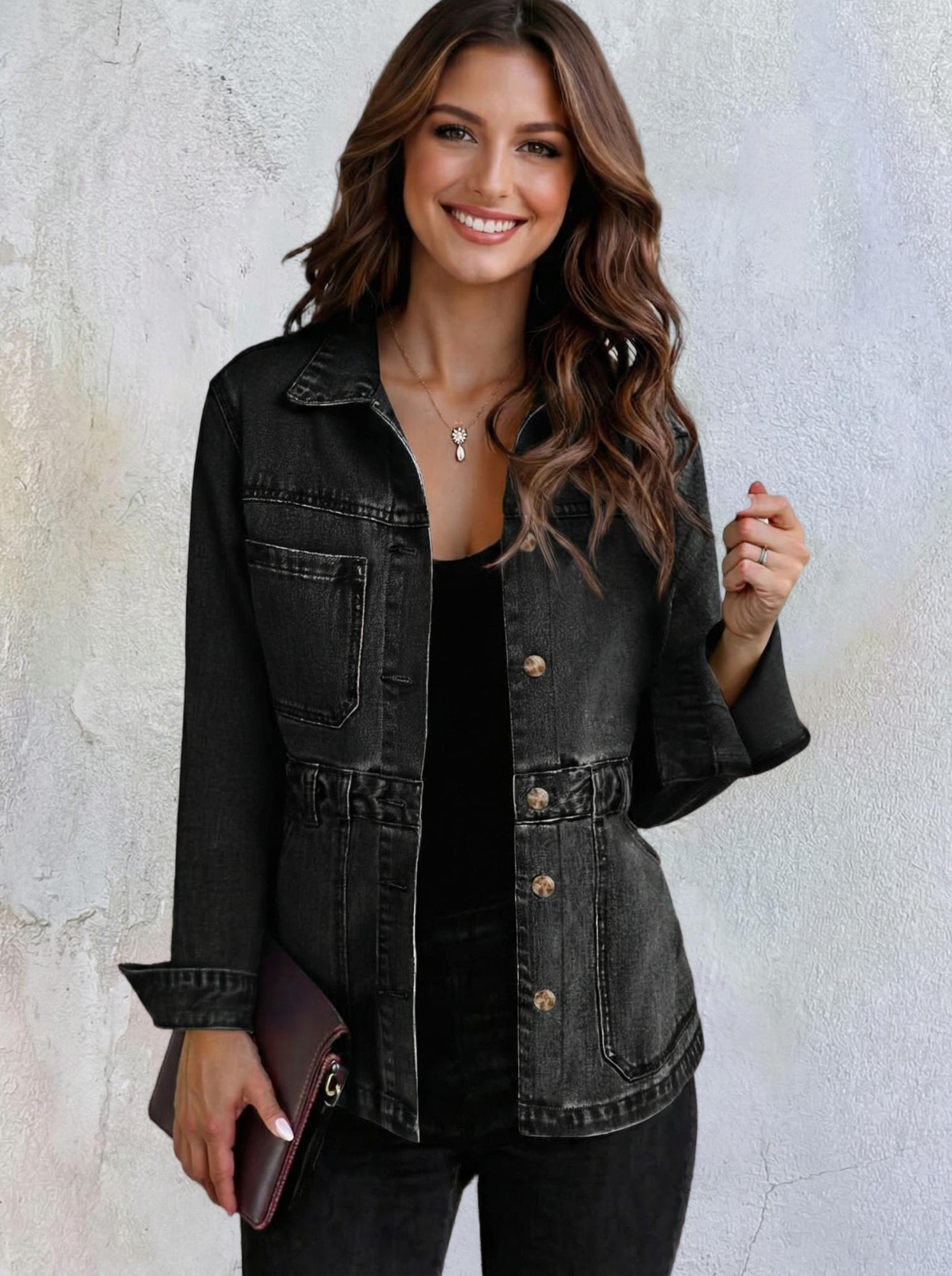 Imily Bela Denim Jacket for Women Distressed Jean Jacket Button Down Oversized Shacket with Pockets