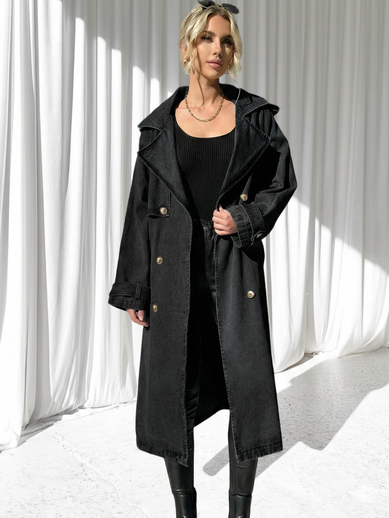 Imily Bela Women's Long Double Breasted Denim Jacket Oversized Button Down Maxi Jean Coat Classic Lapel Outercoat