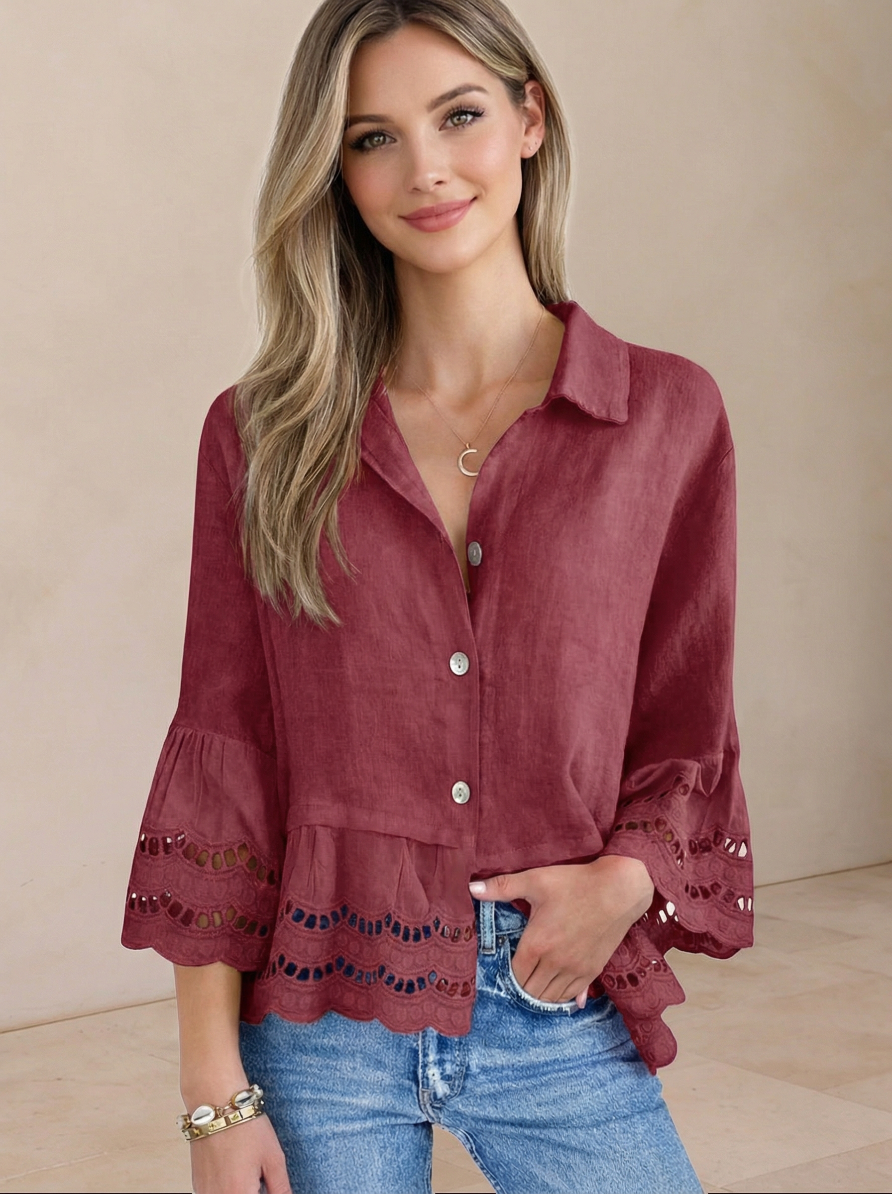 Imily Bela Womens 3/4 Bell Sleeve Button Down Shirts Casual Ruffle Hem Tops Eyelet Blouse