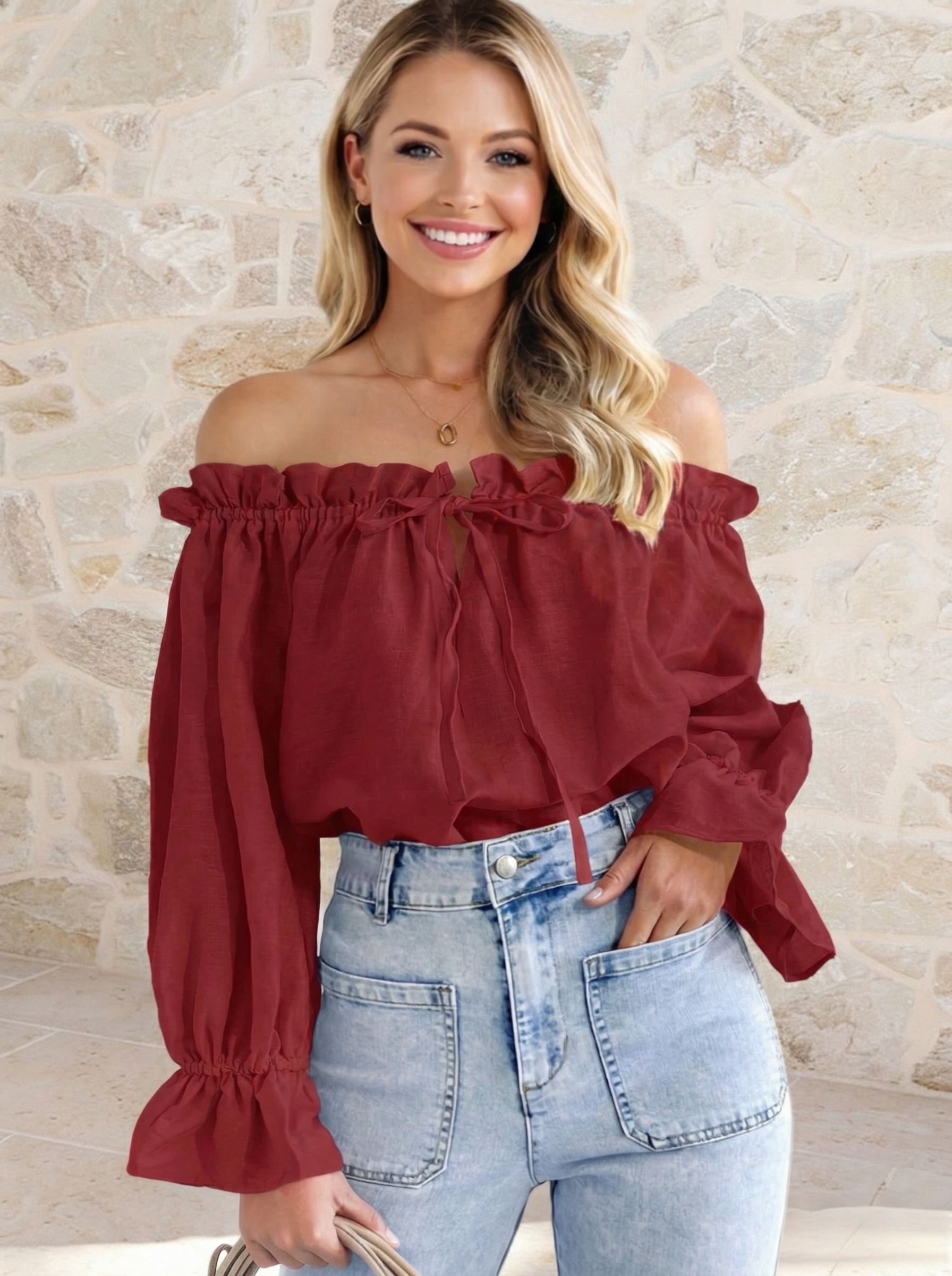 Imily Bela Womens Off The Shoulder Tops Puff Long Sleeve Tie Front Loose Fit Ruffle Shirts Blouses